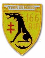 Ligne Maginot - Insigne du 166° RIF - Insigne du 166° RIF
Devise « Tenir ou mourir ». Dans un écu, un loup noir hurlant et une croix de Lorraine rouge.