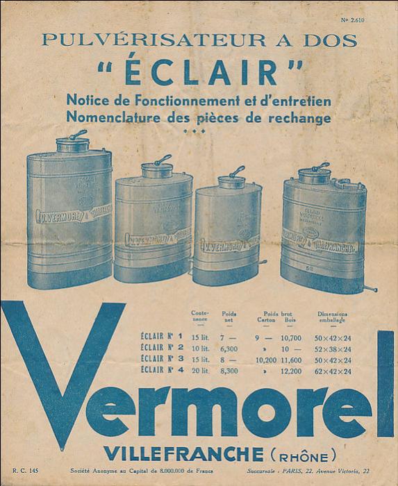 Ligne Maginot - Pulvérisateur Eclair , marque  Vermorel - Notice d'utilisation et d'entretien du pulvérisateur 