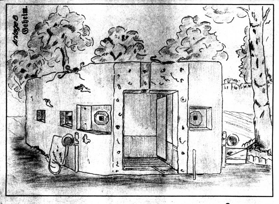 Ligne Maginot - OBERSTEINBACH - (Poste GRM - Maison Forte) - Croquis du  blockhaus dressé par l'armée allemande.
On y note la présence du système électronique de détection de passage qui y était installé