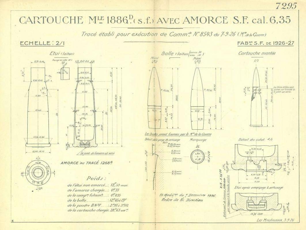 Tracé 7295 – Cartouche Mle 1886 D (sf) – Amorce SF de 6,35