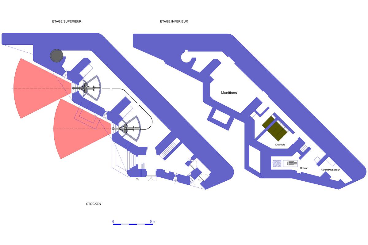 Ligne Maginot - Casemate d'artillerie RFM Mle 1937 pour 2 x 75 mm Mle 1897 - Version gauche avec sous-sol total (1 seul exemplaire : STOCKEN)