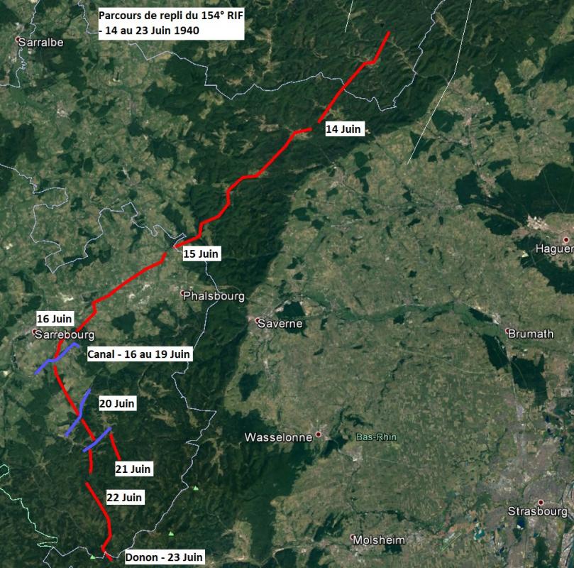 Parcours de repli du 154° RIF - 14-23 Juin 1940