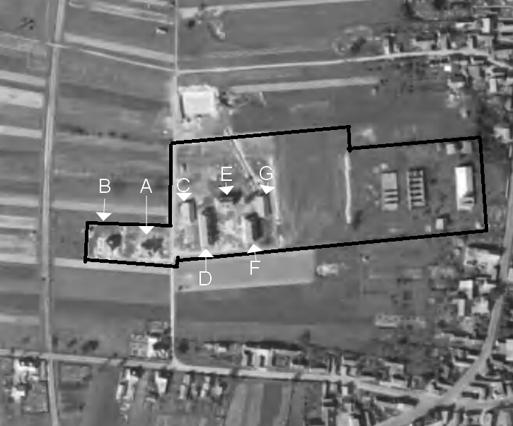 Ligne Maginot - BANTZENHEIM - (Camp de sureté) - Implantation des bâtiments
Voir les photos publiées sur cette page pour la signification des repères.