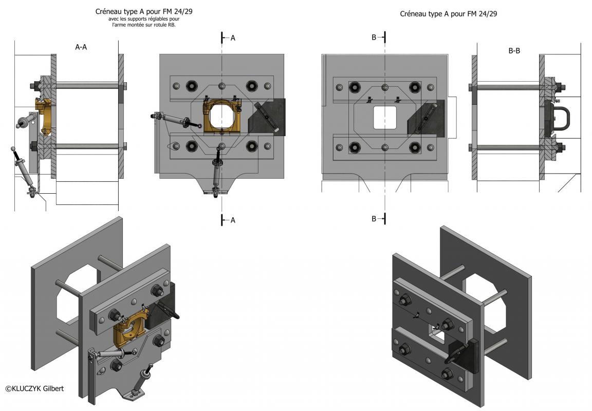 Ligne Maginot - Créneau type A - Planche graphique -  Planche graphique reprenant à gauche un. créneau pour FM type A équipé du support pour la rotule EB et à droite, un créneau simple sans support.