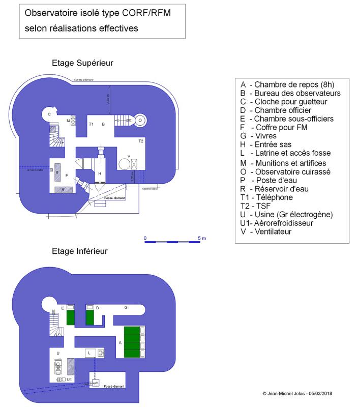 Ligne Maginot - Observatoire CORF type RFM - Droite - Plan synthétique d'observatoire type RFM isolé, avec cloche VP ou VDP à droite. Plan de principe réalisé par synthèse de réalisations réelles.