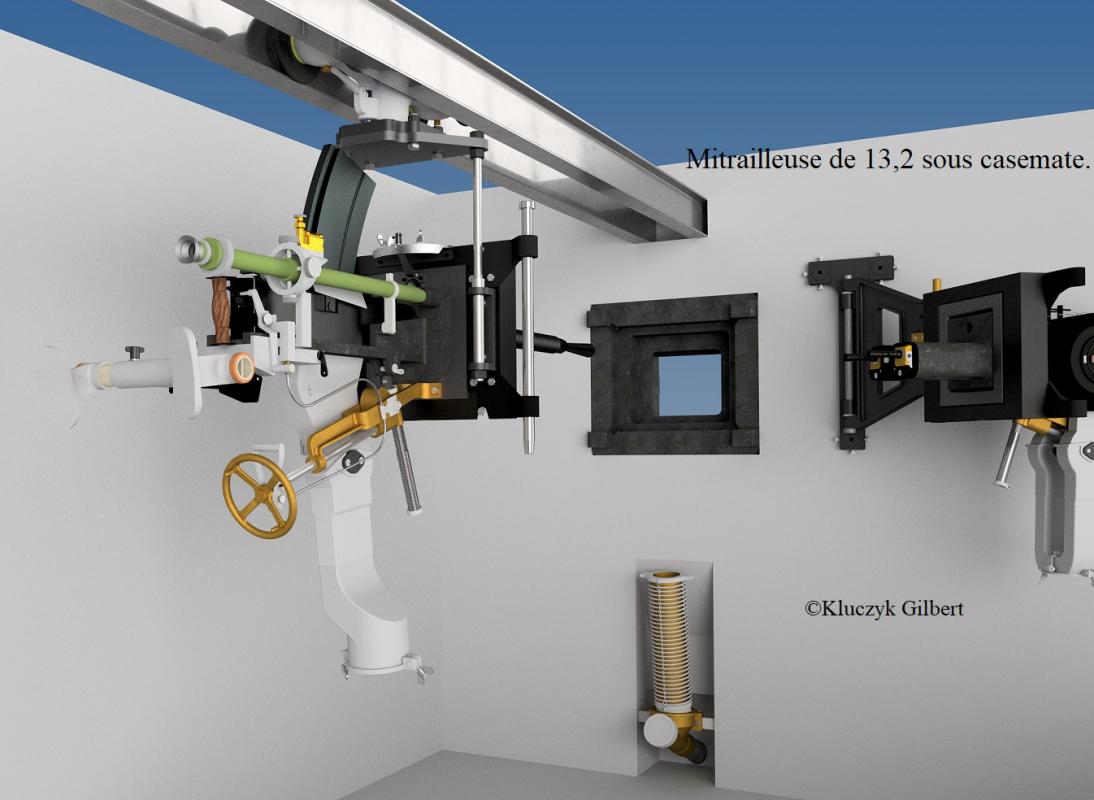 Ligne Maginot - Mitrailleuse Hotchkiss 13,2 mm pour casemate -    La mitrailleuse en position effacée
Noter le jumelage de mitrailleuses Reibel lui aussi en en position d'effacement