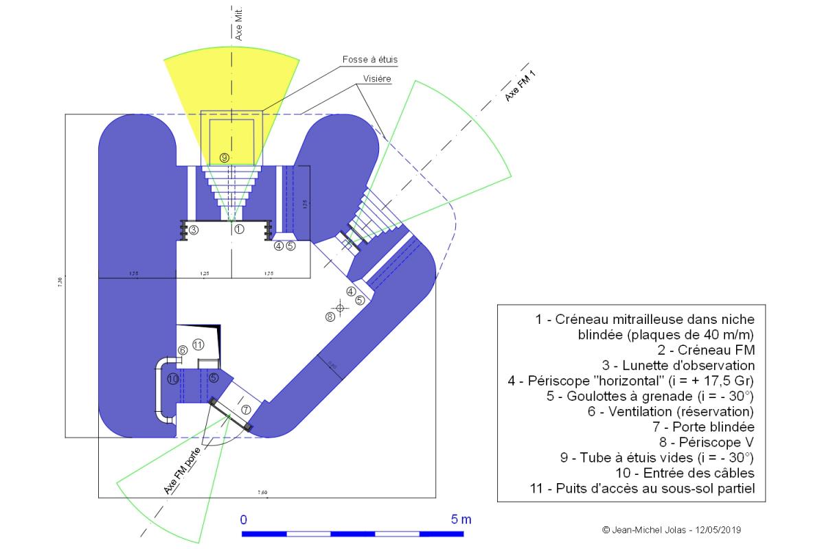 Ligne Maginot - Plan de la casemate SFAM pour mitrailleuse et FM -  Version flanquant à droite, sous-sol et porte arrière