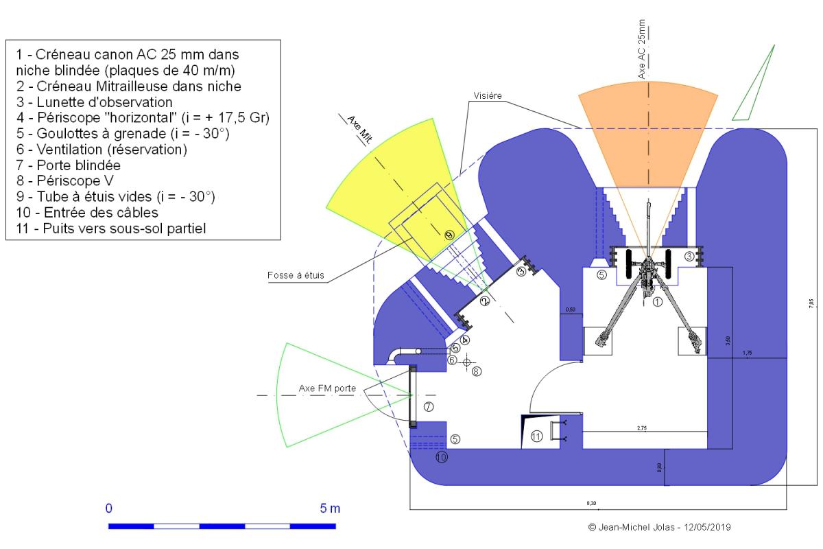 Ligne Maginot - Plan de la casemate SFAM pour canon AC et mitrailleuse -  Version orientée à gauche