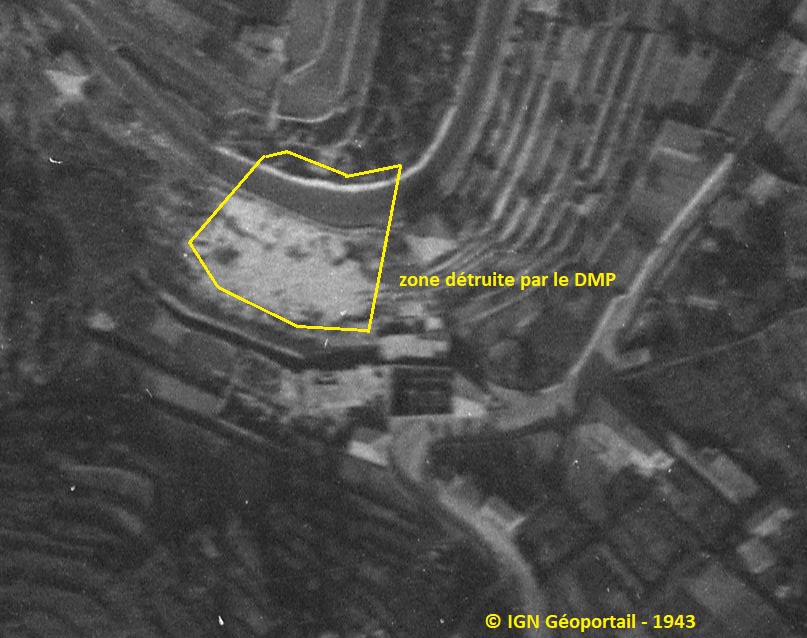 Ligne Maginot - 3 - VILLA BIEN SITUEE - (DMP - Dispositif de Mine Permanent) - Photo aérienne de 1943 - la zone touchée par le DMP est bien visible. A cette date, la RN 7 a été rétablie.