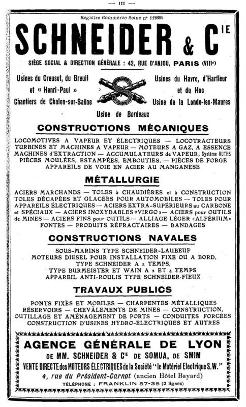 Ligne Maginot - Publicité SCHNEIDER SMIM 1932 - Encart laissant entendre que SMIM est une filiale de Schneider et Cie tout comme SOMUA. 