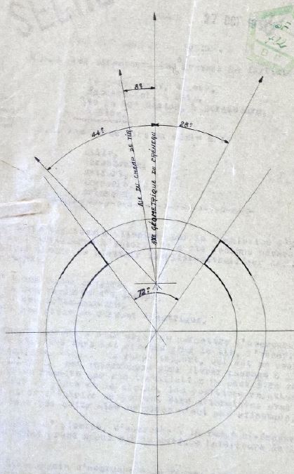 Ligne Maginot - Schéma CORF décalage de 8° créneau des cloches GFM - Schéma inséré dans la note du Gal BELHAGUE explicitant la question du décalage de 8° à gauche du secteur de tir de créneau de cloche GFM A.