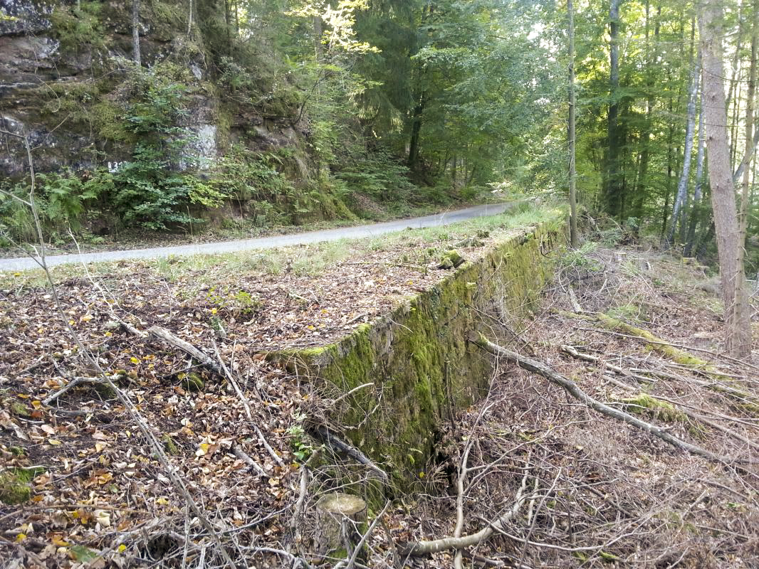 Ligne Maginot - DMP 3Q2 - ERBSENTHAL - NOTRE DAME des BOIS - Mur de soutènement de la route destiné à être détruit par le dispositif de mines.