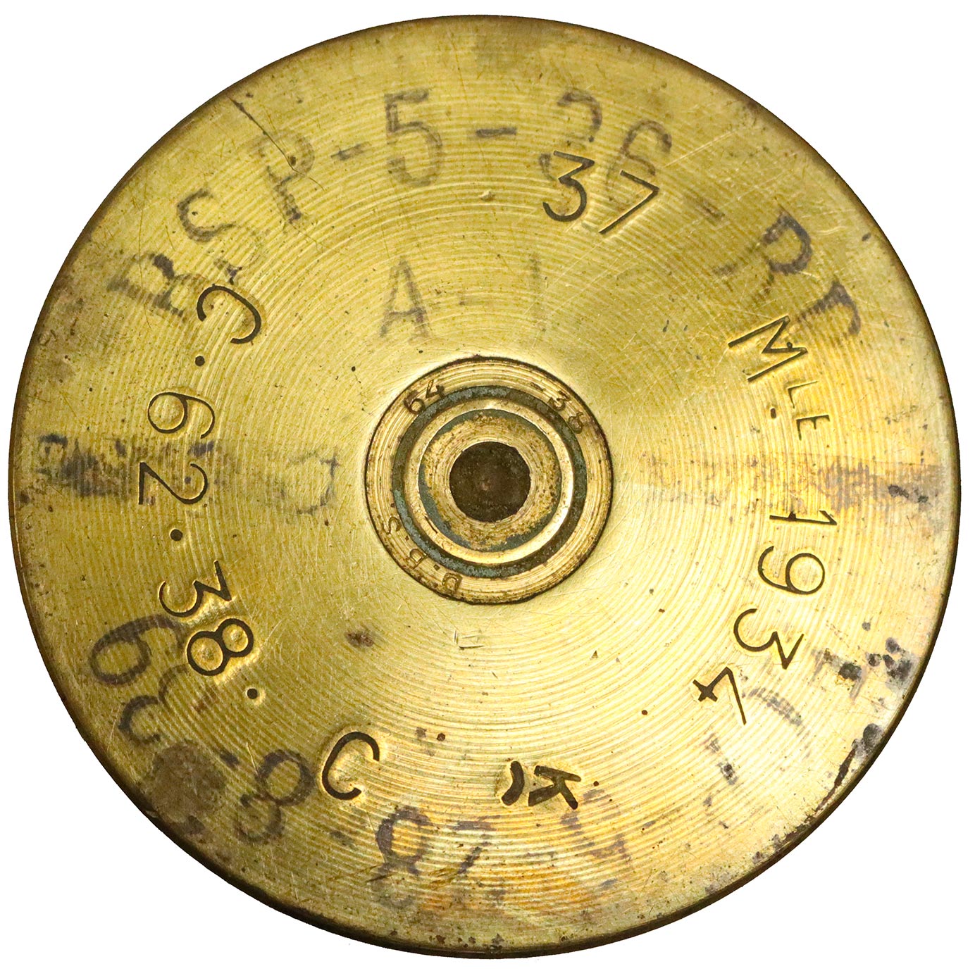 Ligne Maginot - Cartouche de 37 mm - Identifcation - Douille de 37mm mle 1934 
Exemple de marquage au nitrate d’argent (en partie effacé) soit :
- BSP-5-1-36 RP : poudre BSP– lot 5 de 1936 fabriquée à la poudrerie du Ripault,
- A-1 :  non identifié,
- ECP-5-28-8-39 : chargement de la douille effectué par l’Ecole Centrale de Pyrotechnie de Bourges - lot 5 - le 28 aout 1939.
