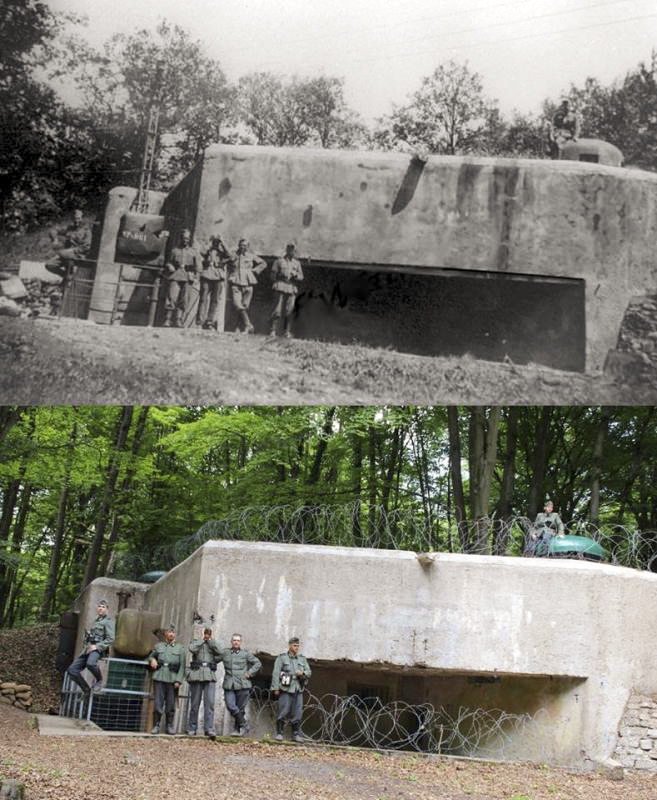 Ligne Maginot - HUBERBUSCH SUD - C59 - (Casemate d'infanterie) - Photo d'époque de 1940 avec une reconstitution de photo réalisée en juillet 2015 avec un groupe de reconstitueurs