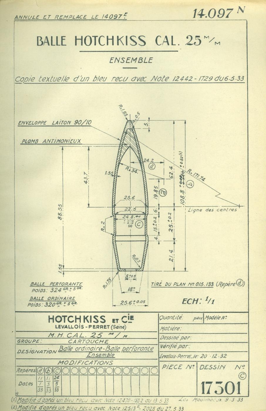 Balle Hotchkiss de 25 mm – Tracé N° 14097N