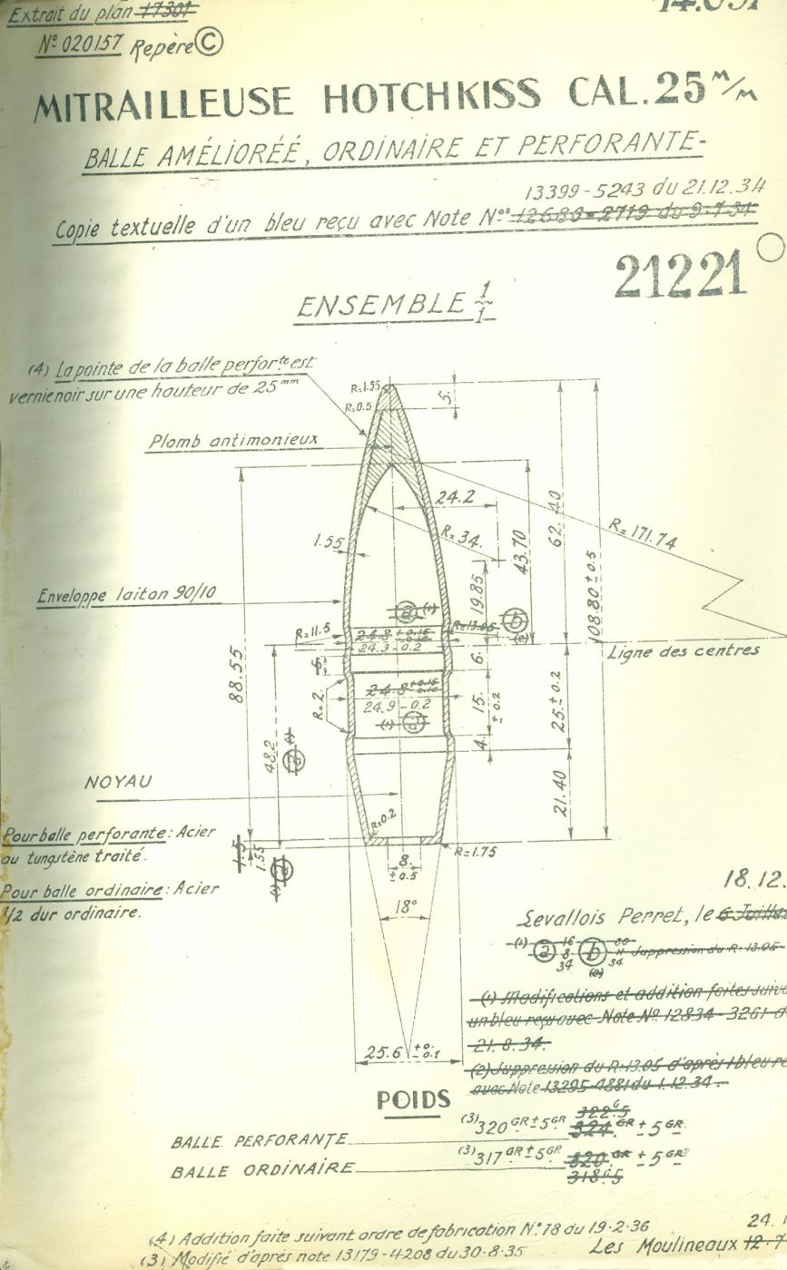 Balle de 25mm améliorée (présence de la gorge) - Tracé N° 14097T