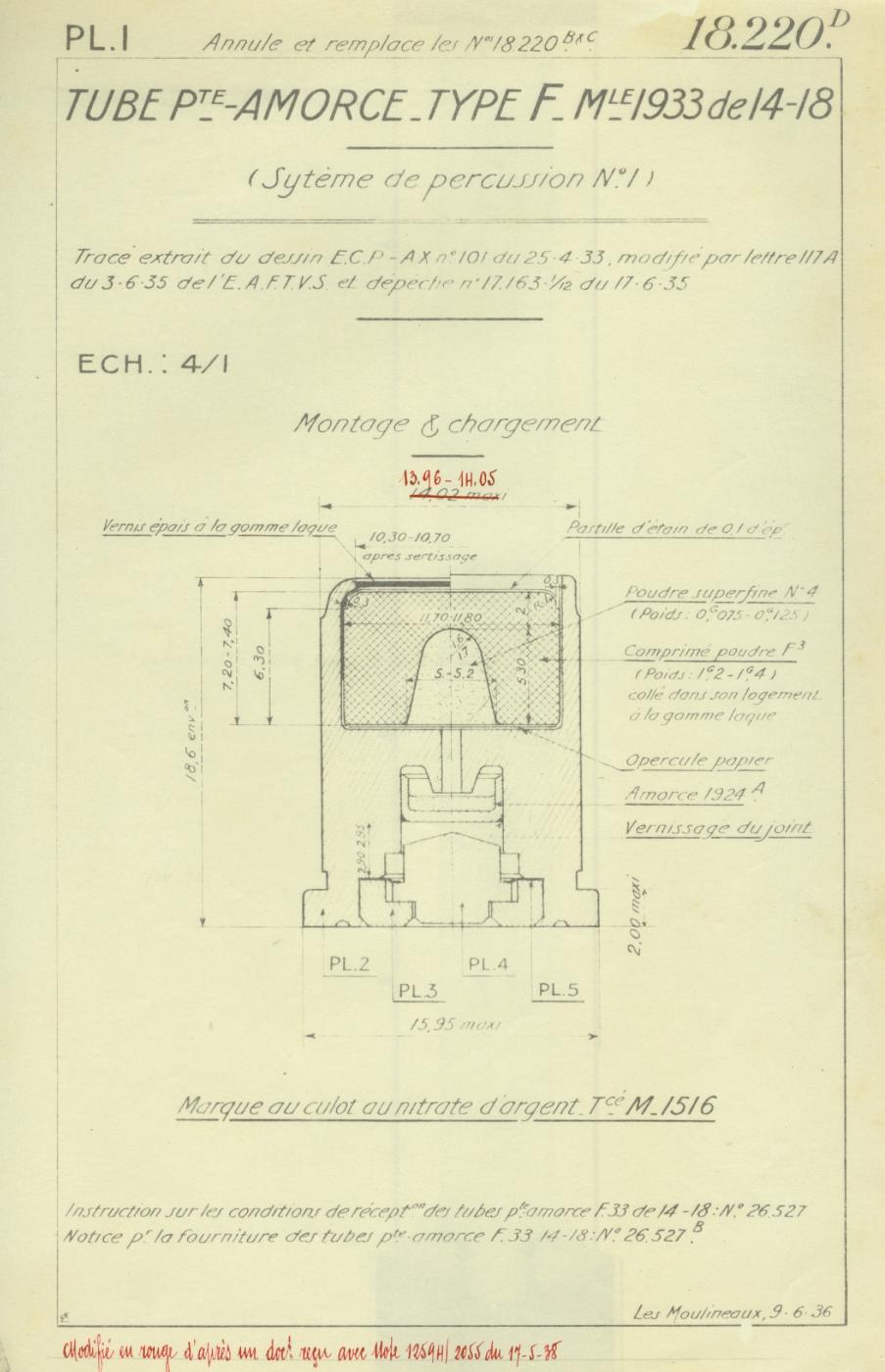 Tube porte-amorce Forgeat de 14/18 Mle 1933 -Tracé N°18220D