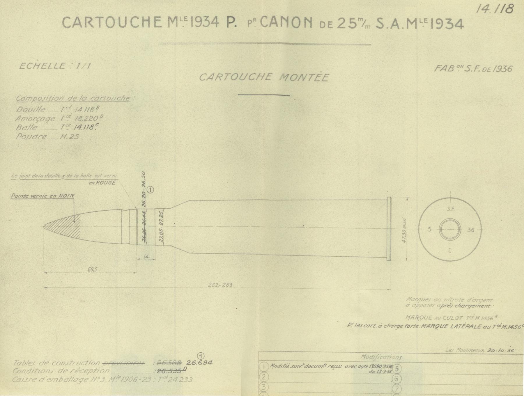 Ligne Maginot - La cartouche de 25mm à balle P Mle 1934 – Tracé N° 14118 - 