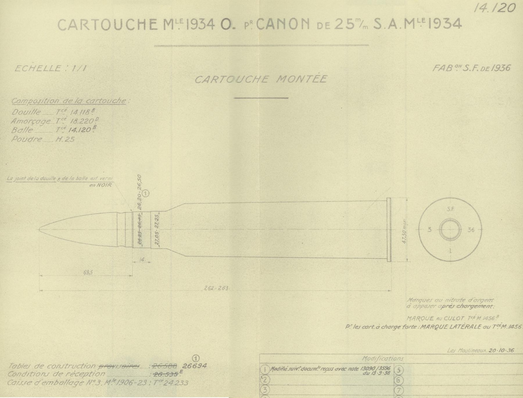 Ligne Maginot - La cartouche de 25 mm à balle O Mle 1934 – Tracé N° 14120 - 
