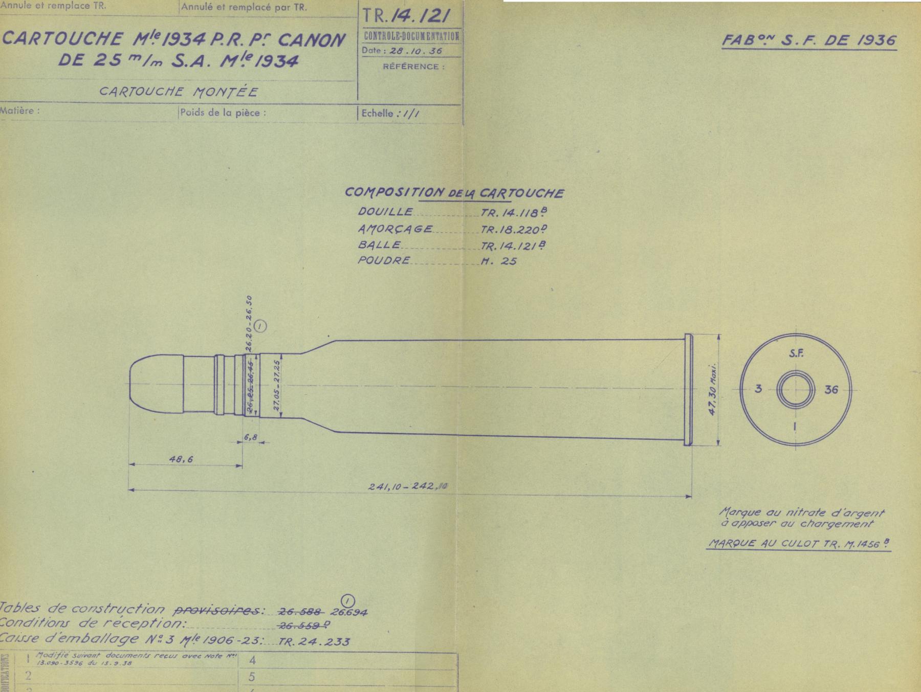 Ligne Maginot - La cartouche de 25mm à balle à Portée Réduite Mle 1934 – Tracé N° 14121 - 