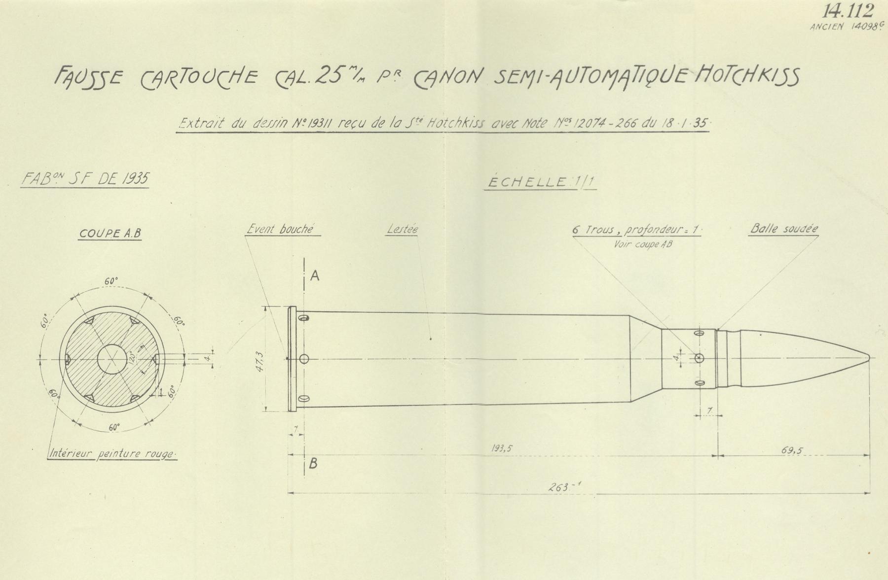 Ligne Maginot - Fausse cartouche de 25 mm– Tracé N° 14112 - 