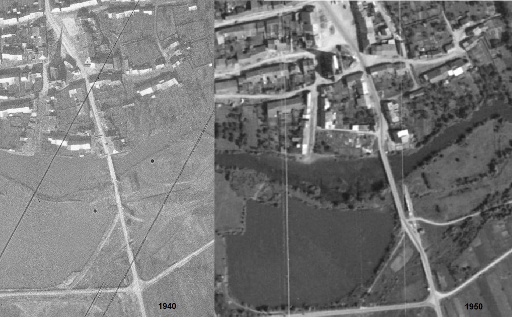 Ligne Maginot - 17LM - (DMP - Dispositif de Mine Permanent) - Avant (1940)-Après (1950).
Noter le pont provisoire pour la route et la disparition des maisons proches du pont d'origine.