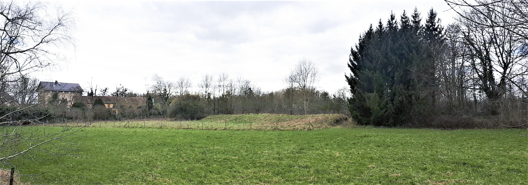 Ligne Maginot - 18 - MOULIN DE LA WANTZENAU - (Blockhaus pour arme infanterie) - Le blockhaus, caché par les sapins, est implanté sur une digue. A gauche le Moulin de la Wantzenau