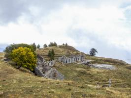 Ligne Maginot - PLAN CAVAL (PCV) - (Ouvrage d'artillerie) - Vue d'ensemble
Sur la crête le bloc 5 et sa GFM, puis en descendant la crête derrière le grand arbre le bloc 4 et enfin sur la droite le bloc 3