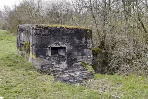 Ligne Maginot - VILLAGE-NEUF BERGE 1 - (Blockhaus pour arme infanterie) - L'entrée à l'arrière est prolongée par une tranchée bétonnée, donnant vers le bas de la digue où se trouve une ébauche d'abri (dalle construite).