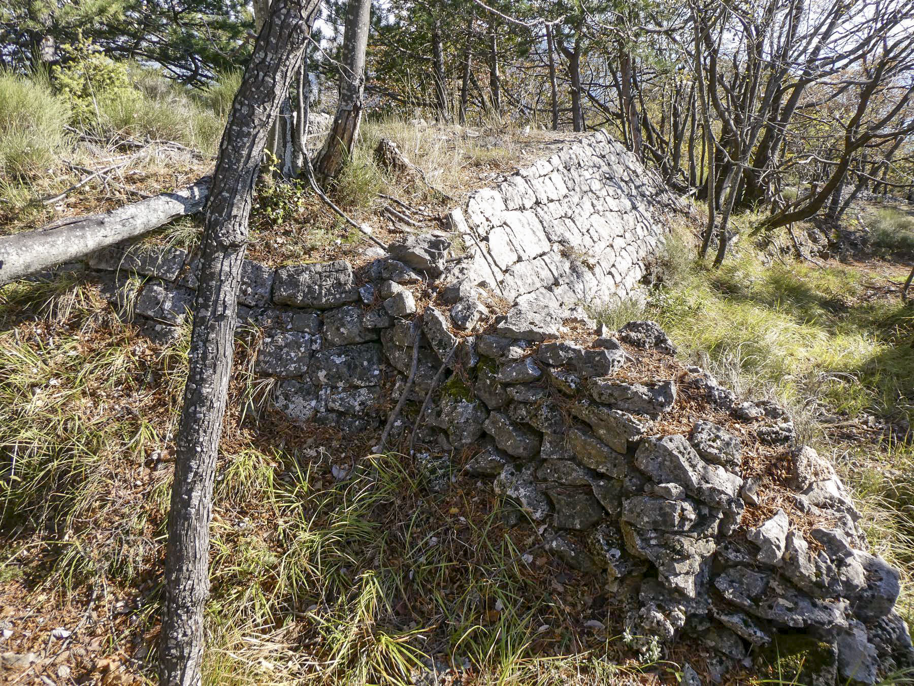 Ligne Maginot - PIC DE GARUCHE 3 - (Cuve pour arme d'infanterie) - Cuve 1
Départ de la tranchée qui mène à la cuve, avec rajout d'un mur de protection en pierres sèches.